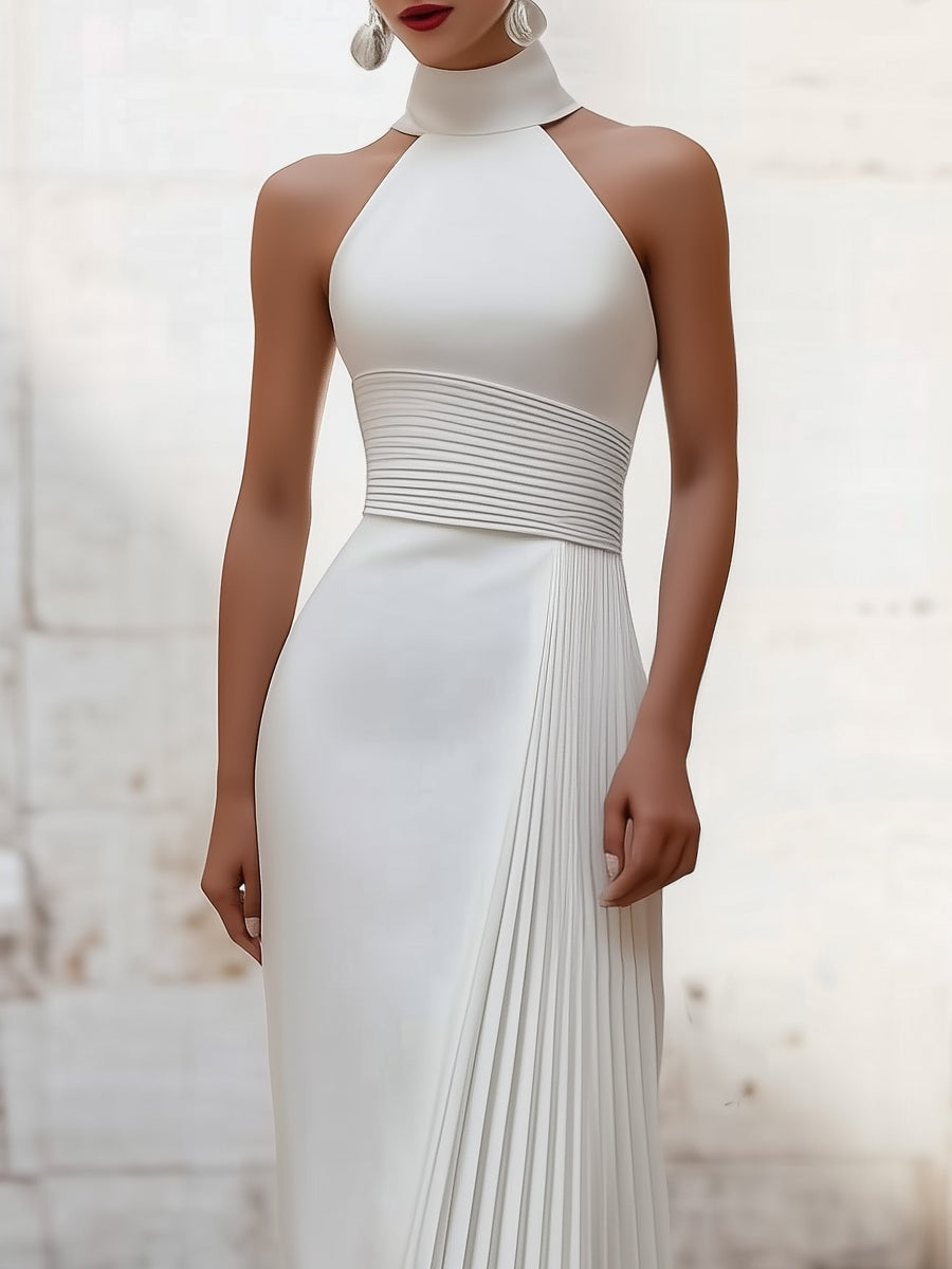 Halter-Neck Sleeveless Satin Pleated Floor-Length Evening Dress