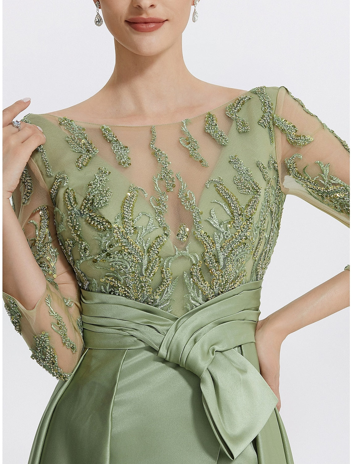 A-Line Evening Gown Elegant Dress Formal Sleeve Jewel Neck Satin with Slit