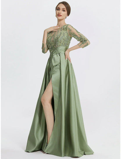 A-Line Evening Gown Elegant Dress Formal Sleeve Jewel Neck Satin with Slit