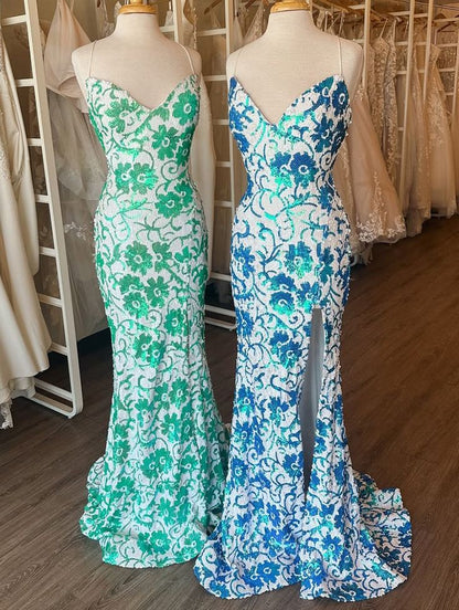 Green Sequin Lace V Neck Mermaid Prom Dresses with Slit