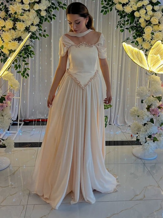 Pleated Off-The-Shoulder Fairytale Beaded Prom Dress With Scarf