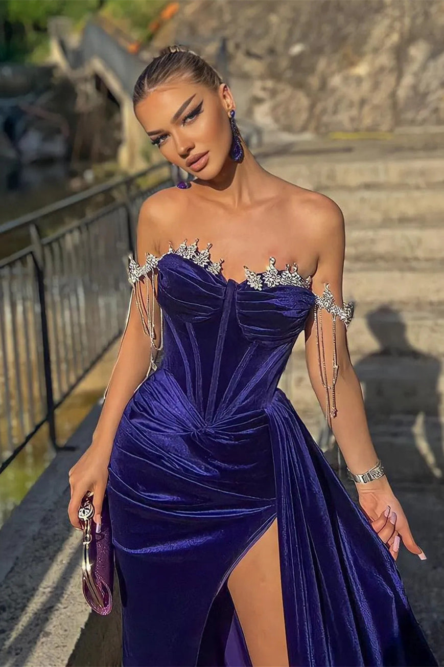 Velvet Off-the-Shoulder Beads Prom Dress Split Mermaid Ruffles Dress