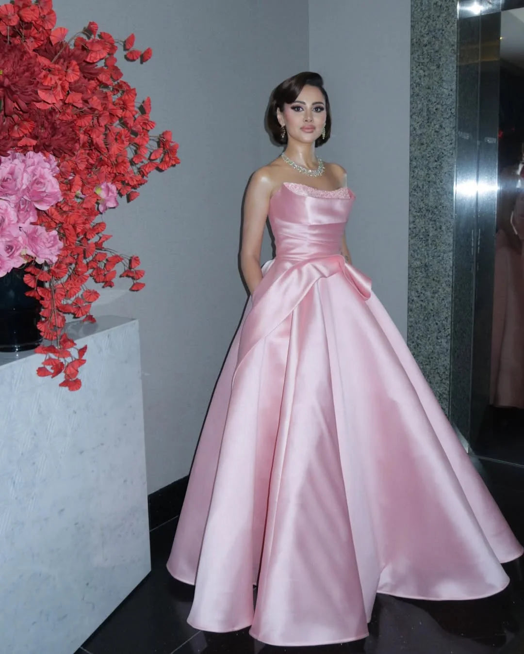 Candy Pink Strapless Beaded A-Line Prom Dress