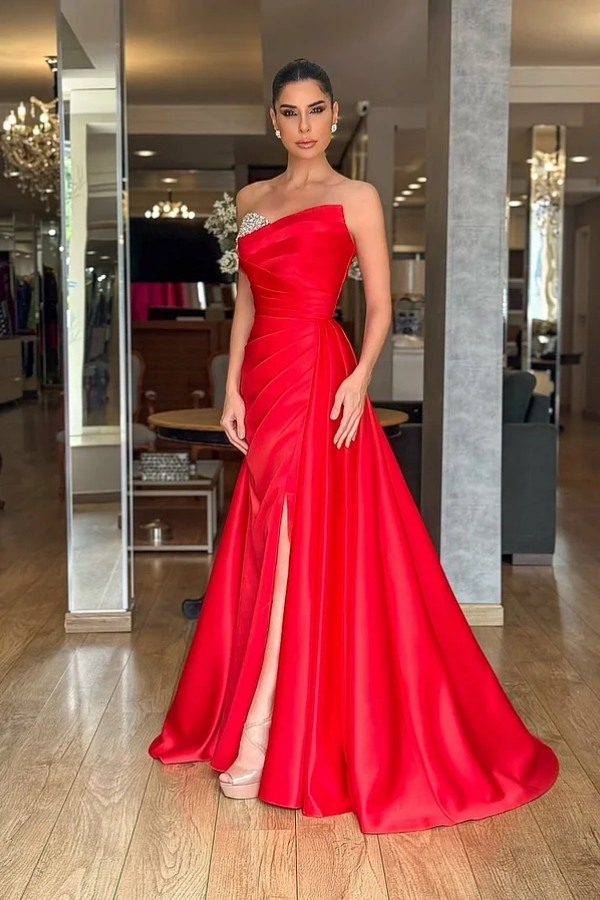 Red Strapless Beaded Pleated Long Prom Dress