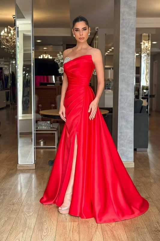 Red Strapless Beaded Pleated Long Prom Dress