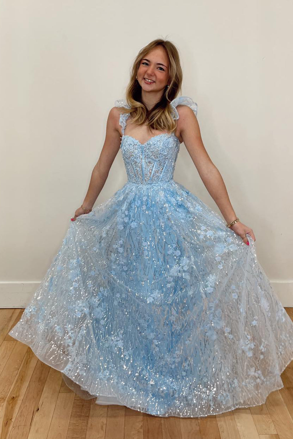 A-Line Sweetheart Light Blue Sequin Appliques Long Prom Dresses