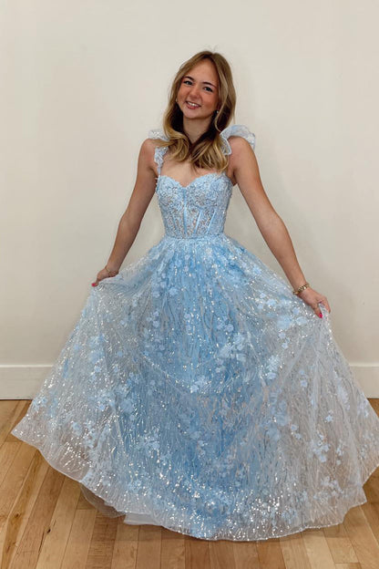 A-Line Sweetheart Light Blue Sequin Appliques Long Prom Dresses