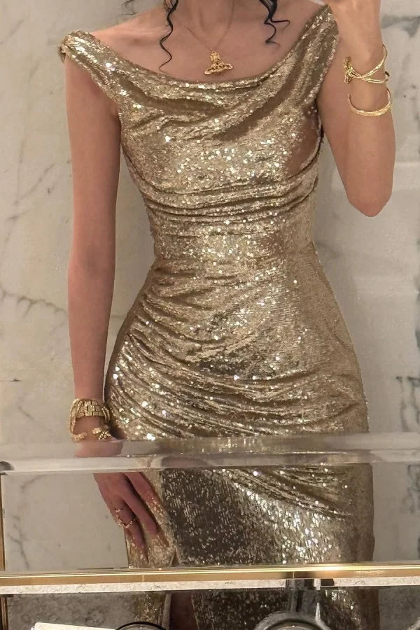 Champagne Solid Sequins Split Prom Dress