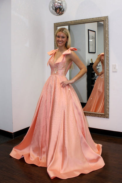 Glitter A Line V Neck Orange Satin Prom Dress