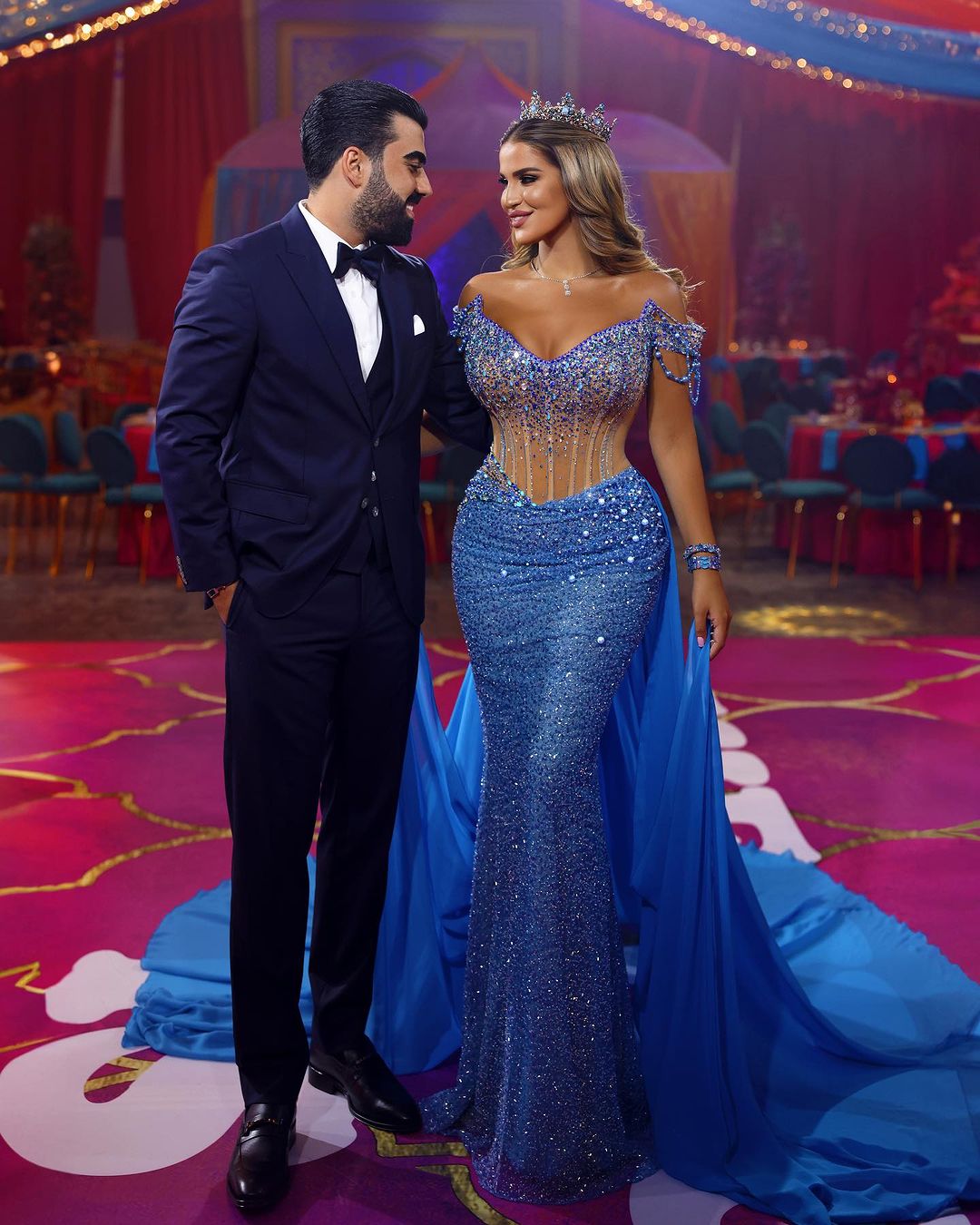 Blue Heavy Prom Dress Sequins Off-The-Shoulder Beaded V Neck