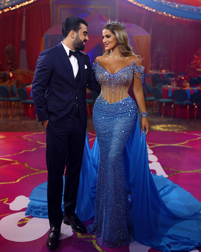 Blue Heavy Prom Dress Sequins Off-The-Shoulder Beaded V Neck