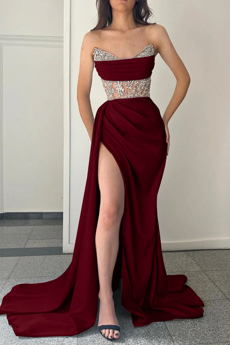 Modern Strapless Mermaid Prom Dress Split With Beading