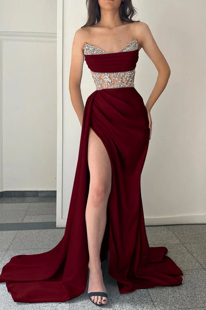 Modern Strapless Mermaid Prom Dress Split With Beading