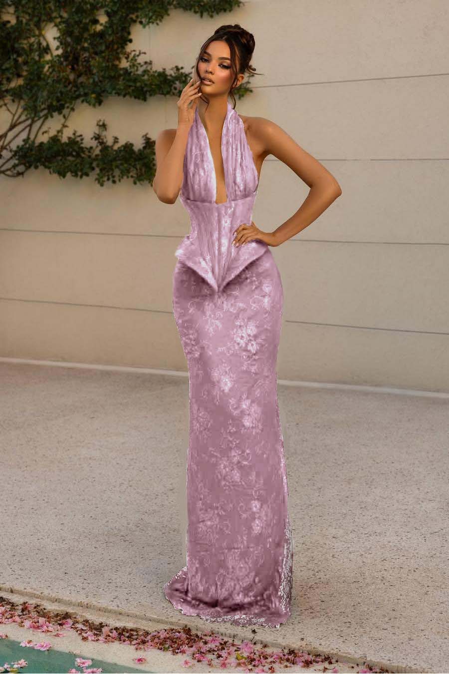 Halter Sleeveless Long Mermaid Prom Dress With Lace Appliques