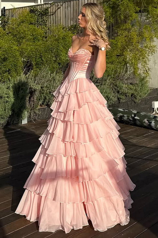 Cute A Line Sweetheart Blush Pink Tiered Chiffon Prom Dress