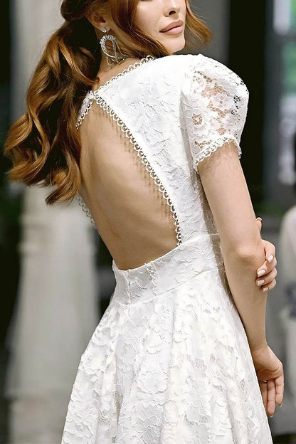 A-Line Tea Length Lace Little White Dress