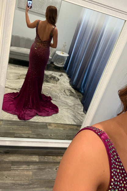 Mermaid Deep V Neck Backless Burgundy Satin Long Prom Dress