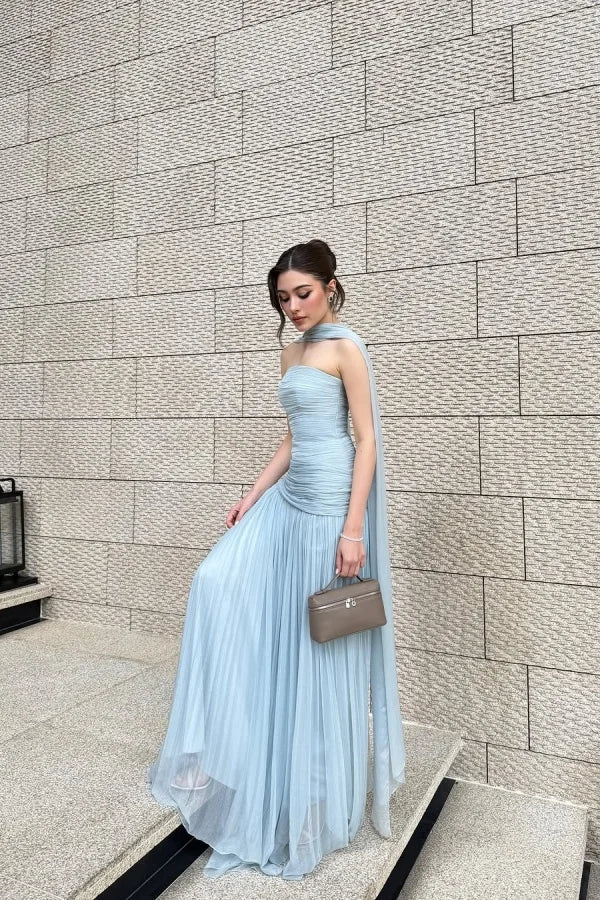 Light Blue Pleated Strapless Chiffon Elegant Prom Dress