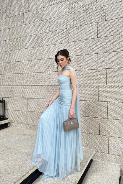 Light Blue Pleated Strapless Chiffon Elegant Prom Dress