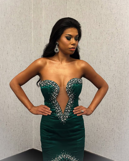 Dark Green Sleeveless Prom Dress Mermaid Satin with Rhinestones