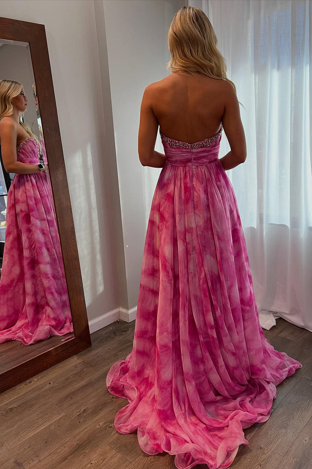 A-Line Sweetheart Pink Floral Printed Long Prom Dress