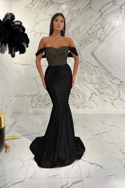 Gorgeous Off the Shoulder Prom Dress Mermaid Sequined Evening Formal Dress With Beading Pleated