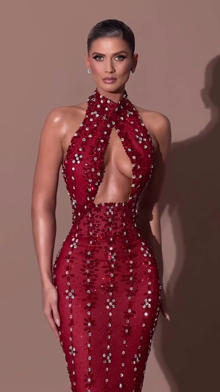 Glamorous Burgundy Halter Prom Dress
