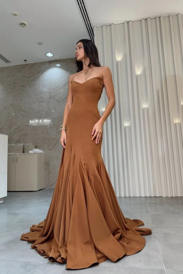 Brown Strapless Mermaid Elegant Chic Prom Dress
