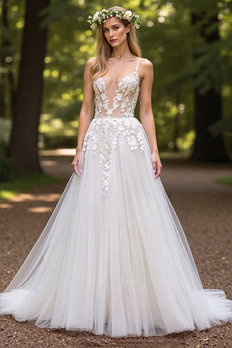 V-Neck Spaghetti-Straps Sleeveless Tulle Wedding Gowns