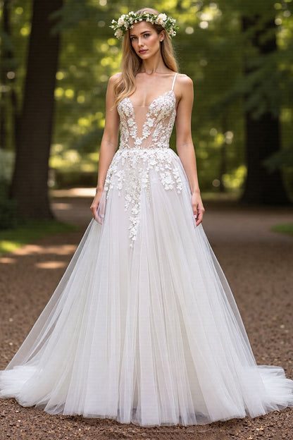 V-Neck Spaghetti-Straps Sleeveless Tulle Wedding Gowns