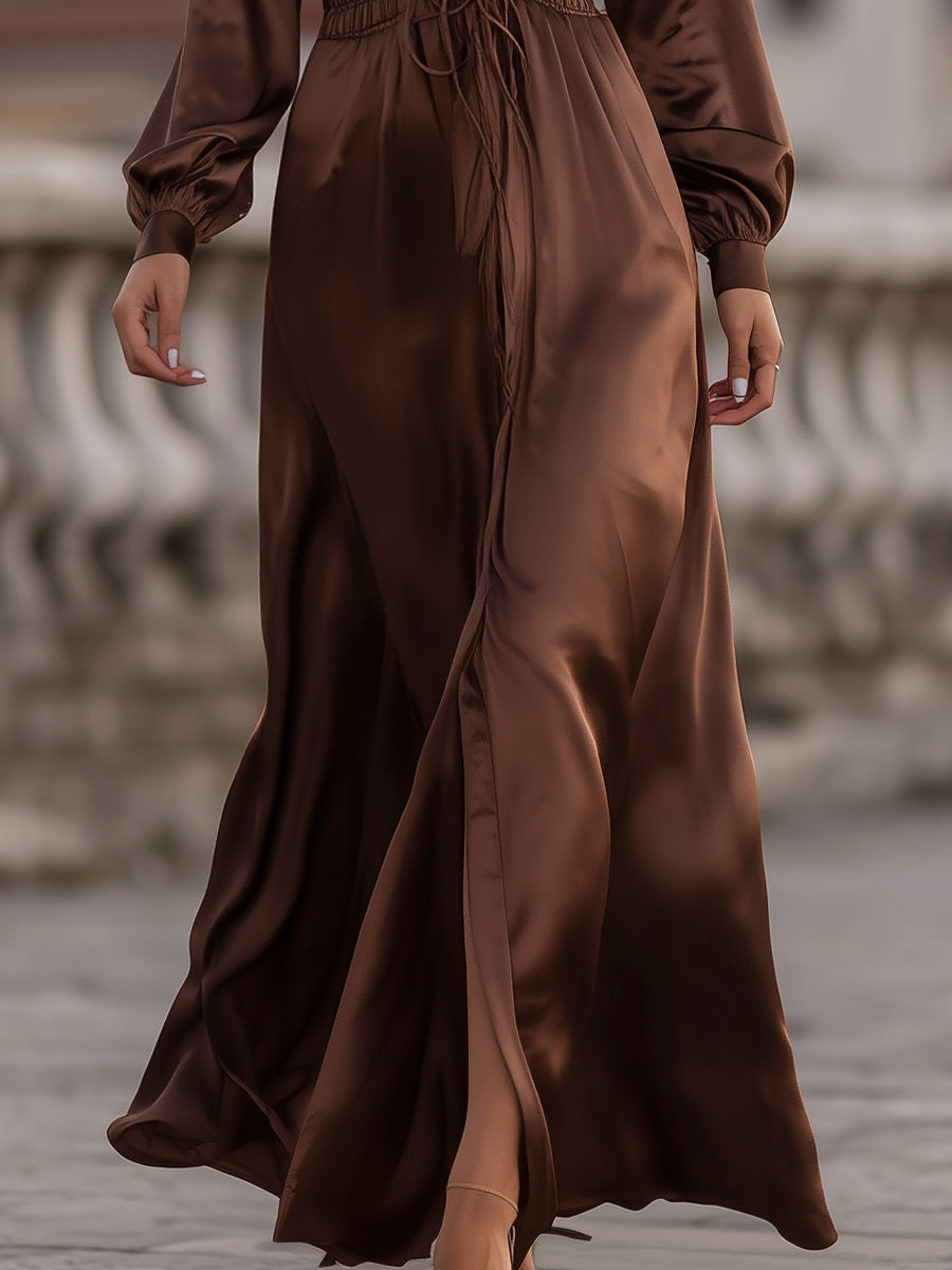 Mooyius Satin Cinched Waist Maxi Dress In Mocha Brown