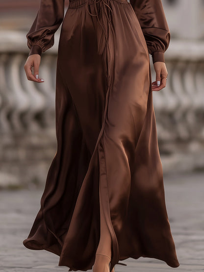 Mooyius Satin Cinched Waist Maxi Dress In Mocha Brown