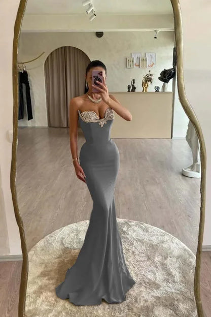 Red Strapless Mermaid Slim Fit Beaded Formal Prom Dress ZT0533
