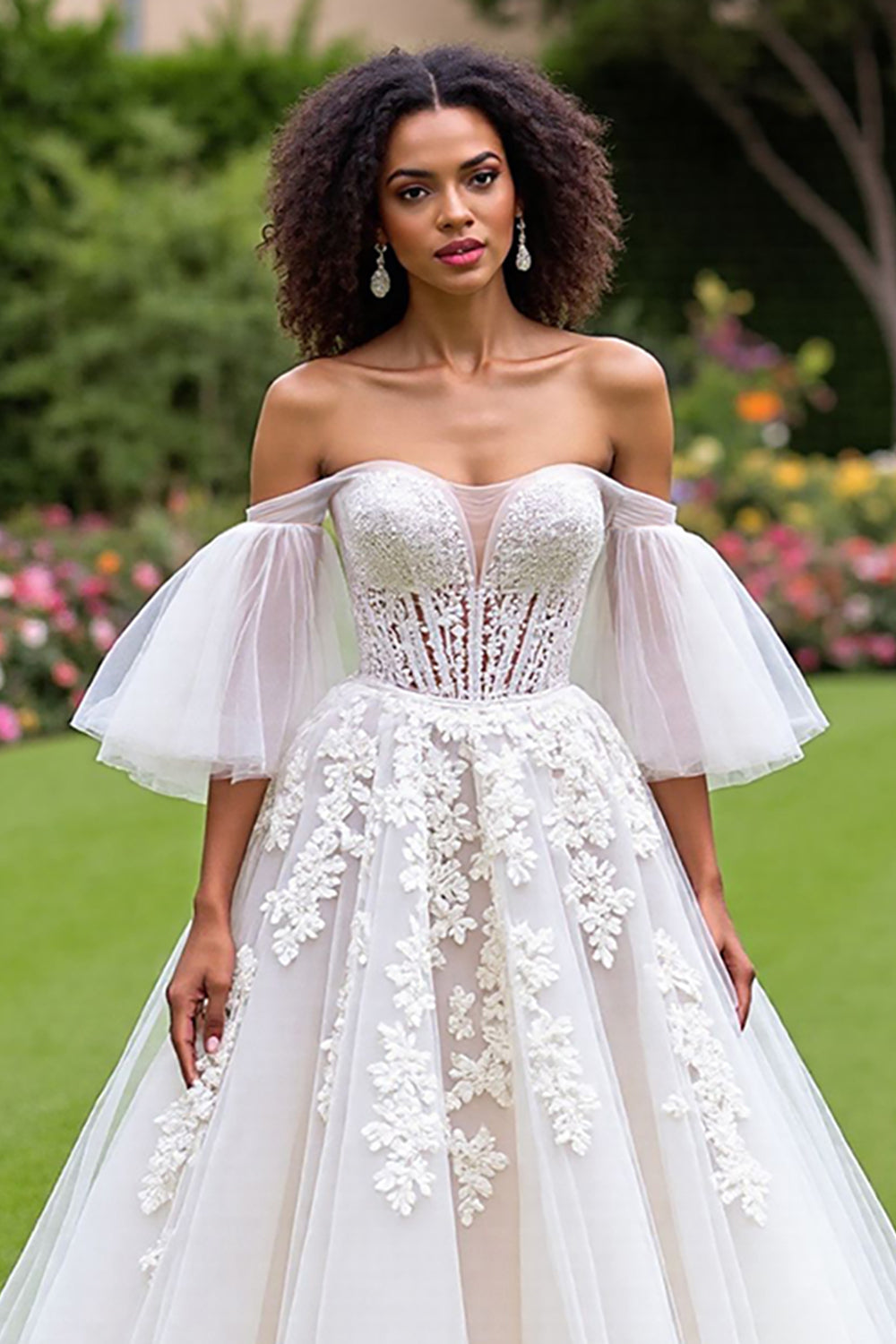 Ruffles Sleeves Off-the-Shoulder Princess Tulle Wedding Dress