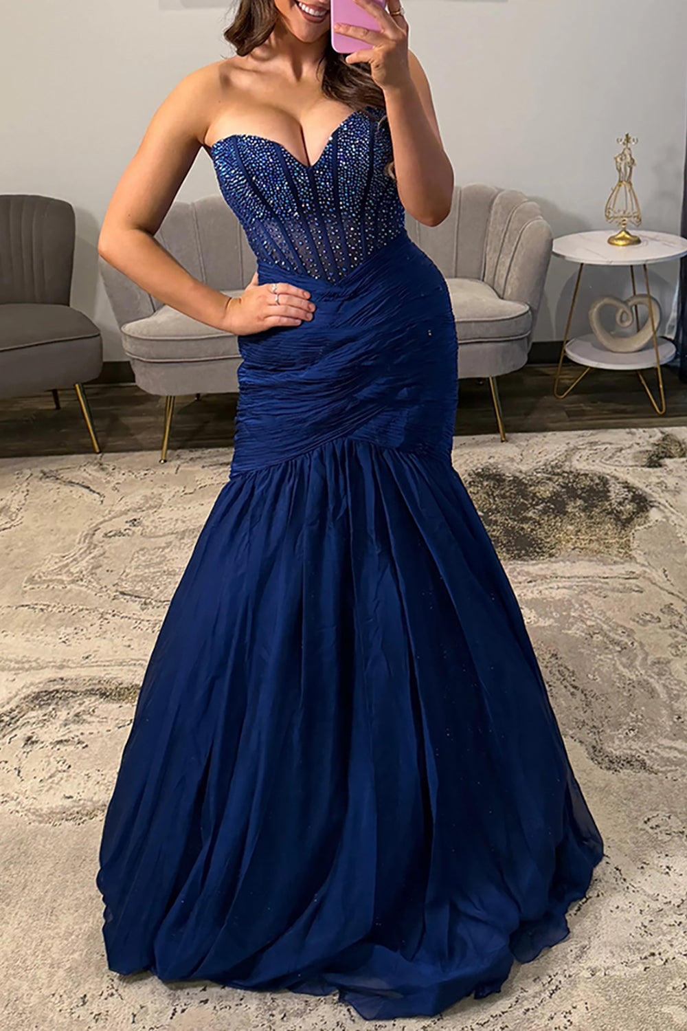 Mermaid Sweetheart Navy Blue Satin Long Prom Dress