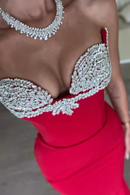 Red Strapless Mermaid Slim Fit Beaded Formal Prom Dress ZT0533