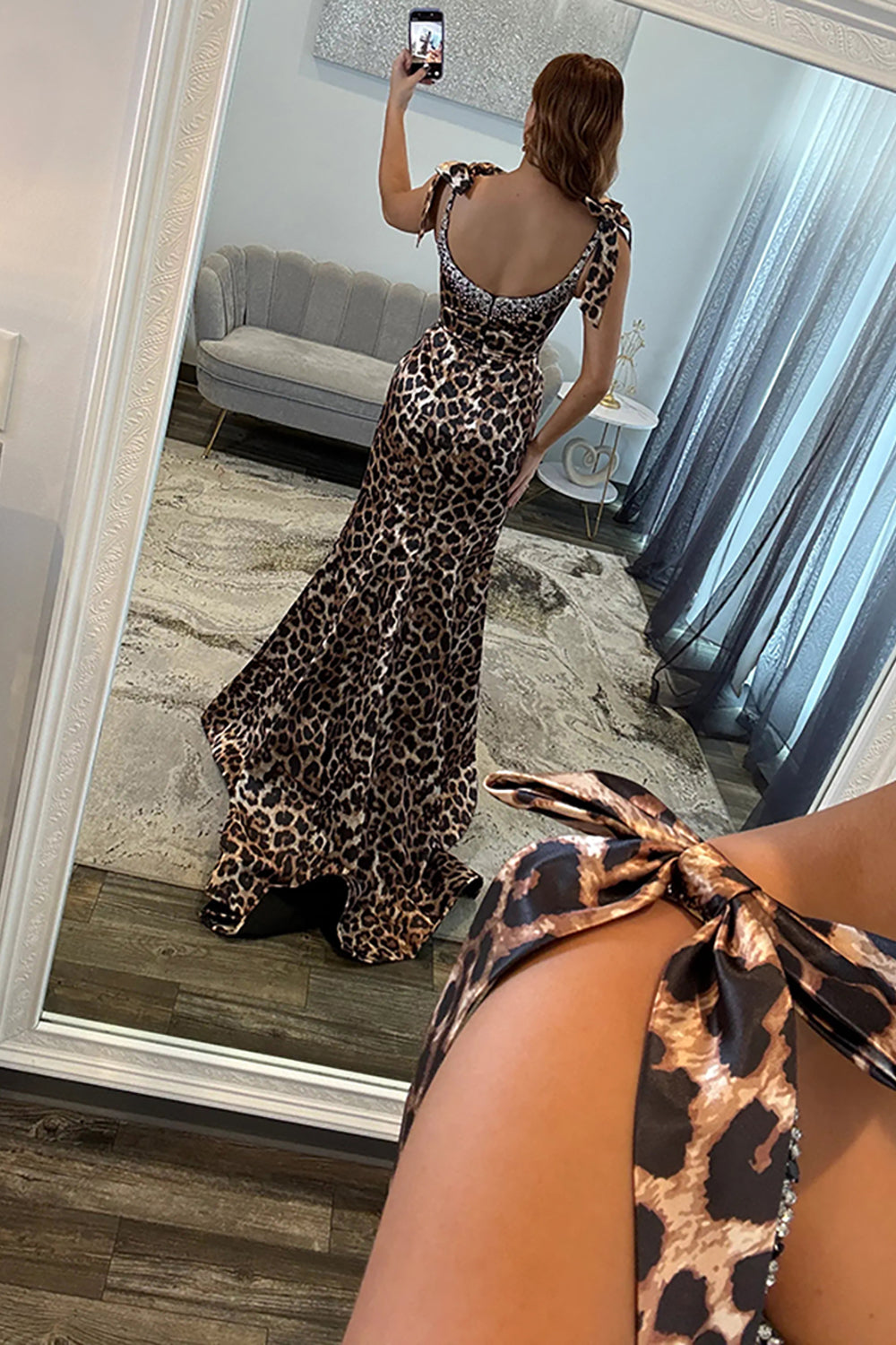 Mermaid Square Neck Brown Leopard Long Prom Dress