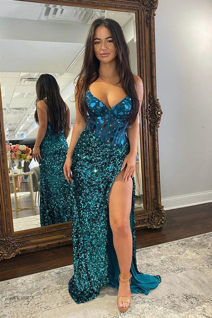 Black Sequins V Neck Mermaid Prom Dresses with Slit