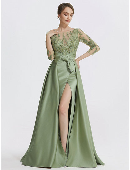 A-Line Evening Gown Elegant Dress Formal Sleeve Jewel Neck Satin with Slit