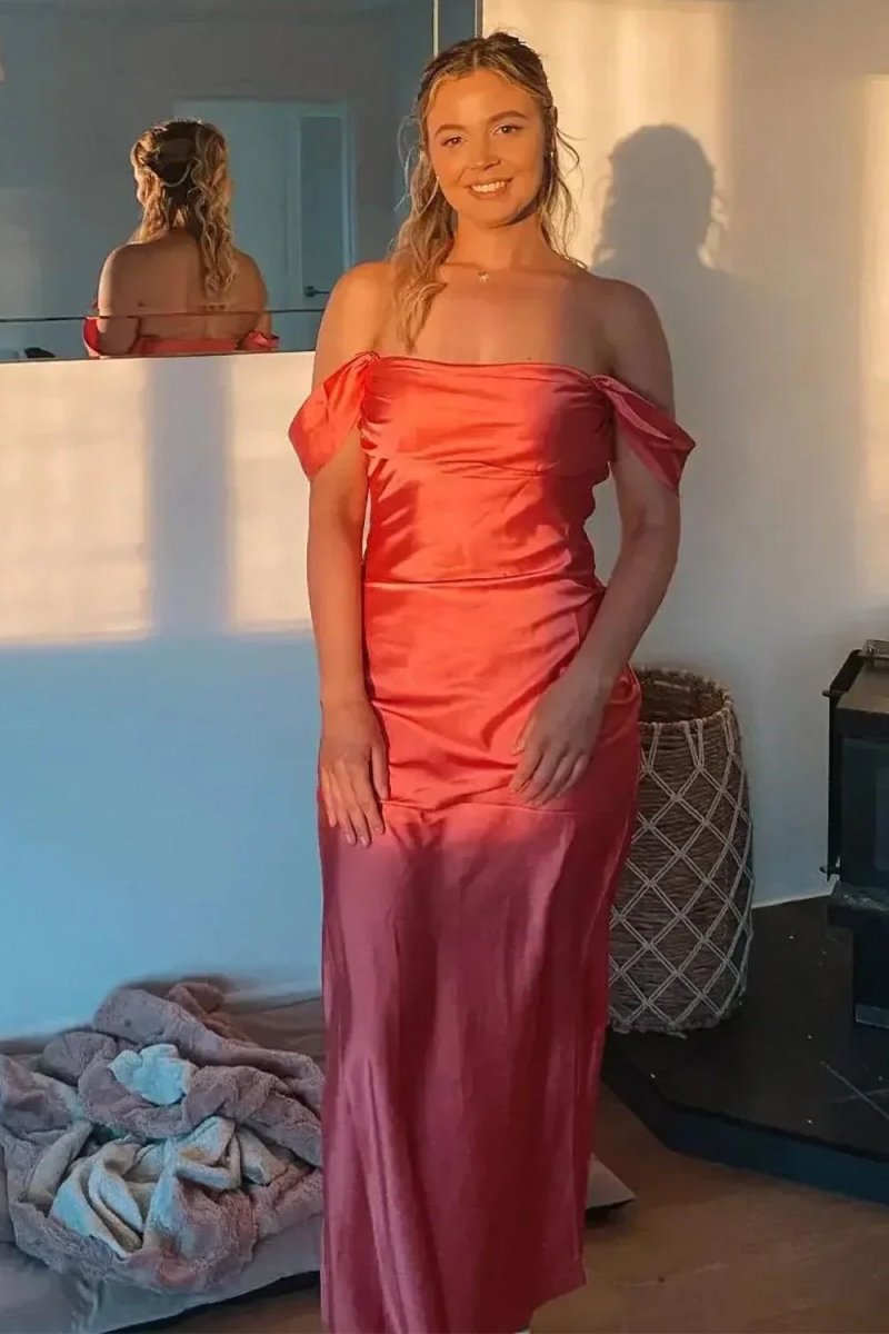 Finara | Coral - Off The Shoulder Sheath Satin Long Prom Dresses