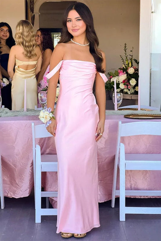 Off The Shoulder Sheath Satin Long Prom Dresses