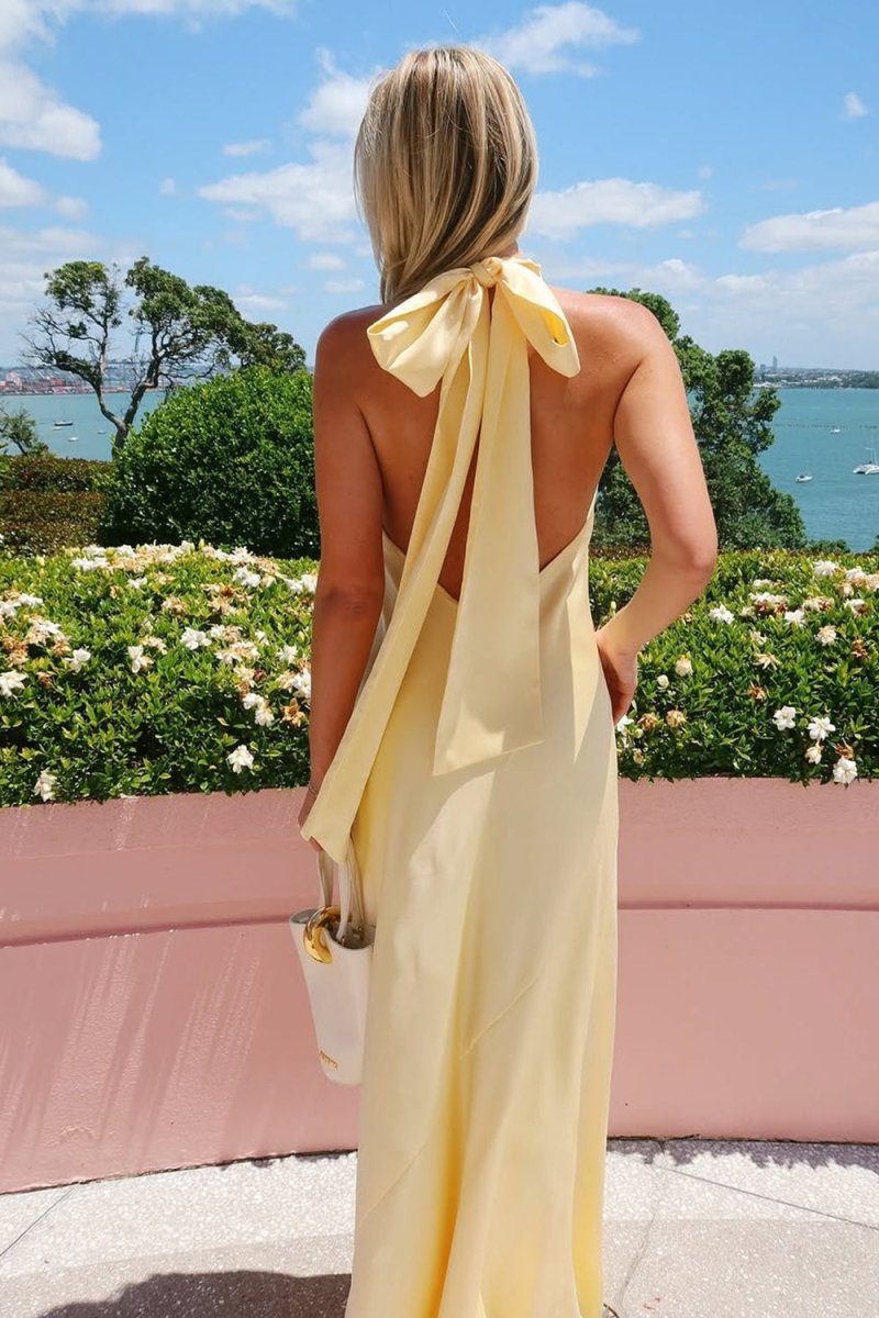 Halter Sheath Satin Backless Long Prom Dresses