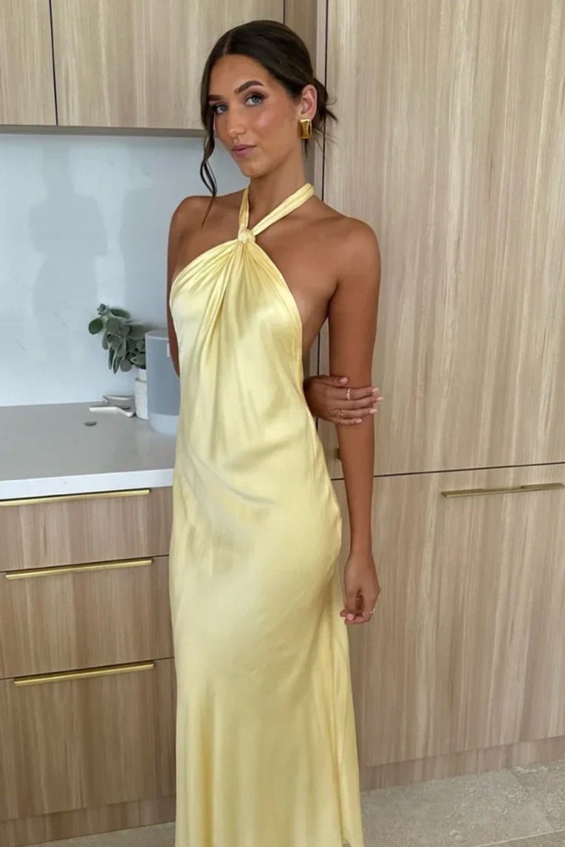 Halter Sheath Satin Backless Long Prom Dresses