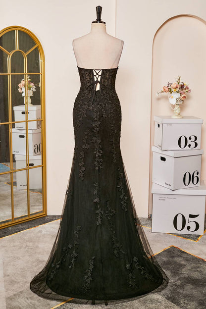 Mermaid Sweetheart Black Appliques Slit Long Prom Dress