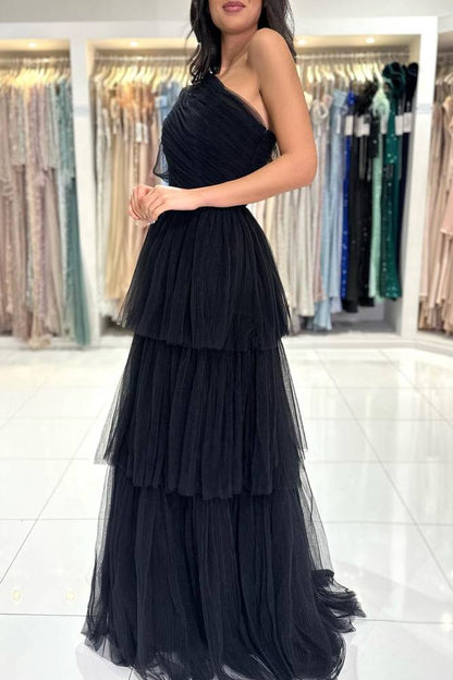 Black Pleated One Shoulder Ruffle A-Line Prom Dress
