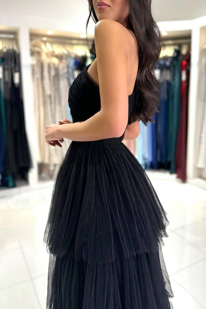 Black Pleated One Shoulder Ruffle A-Line Prom Dress