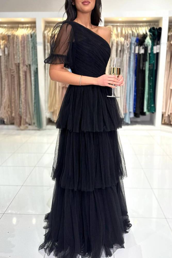 Black Pleated One Shoulder Ruffle A-Line Prom Dress