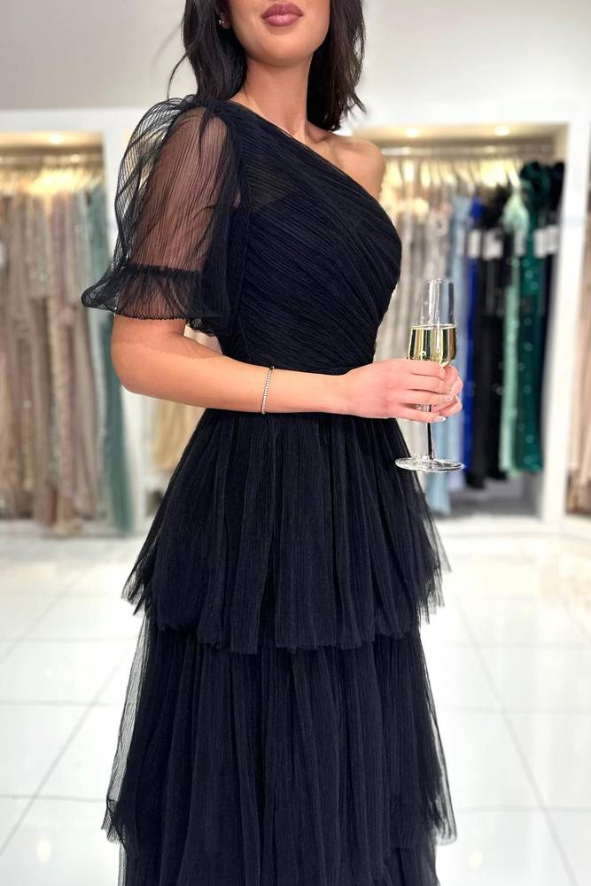 Black Pleated One Shoulder Ruffle A-Line Prom Dress