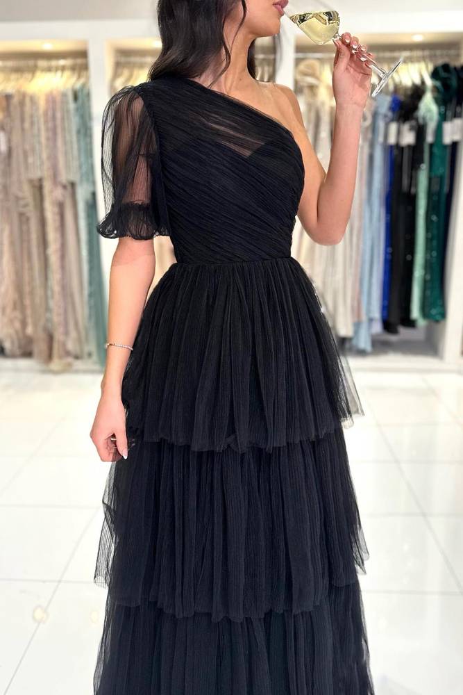 Black Pleated One Shoulder Ruffle A-Line Prom Dress