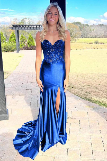 Sweetheart Beaded Applique Mermaid Prom Dress with Slit